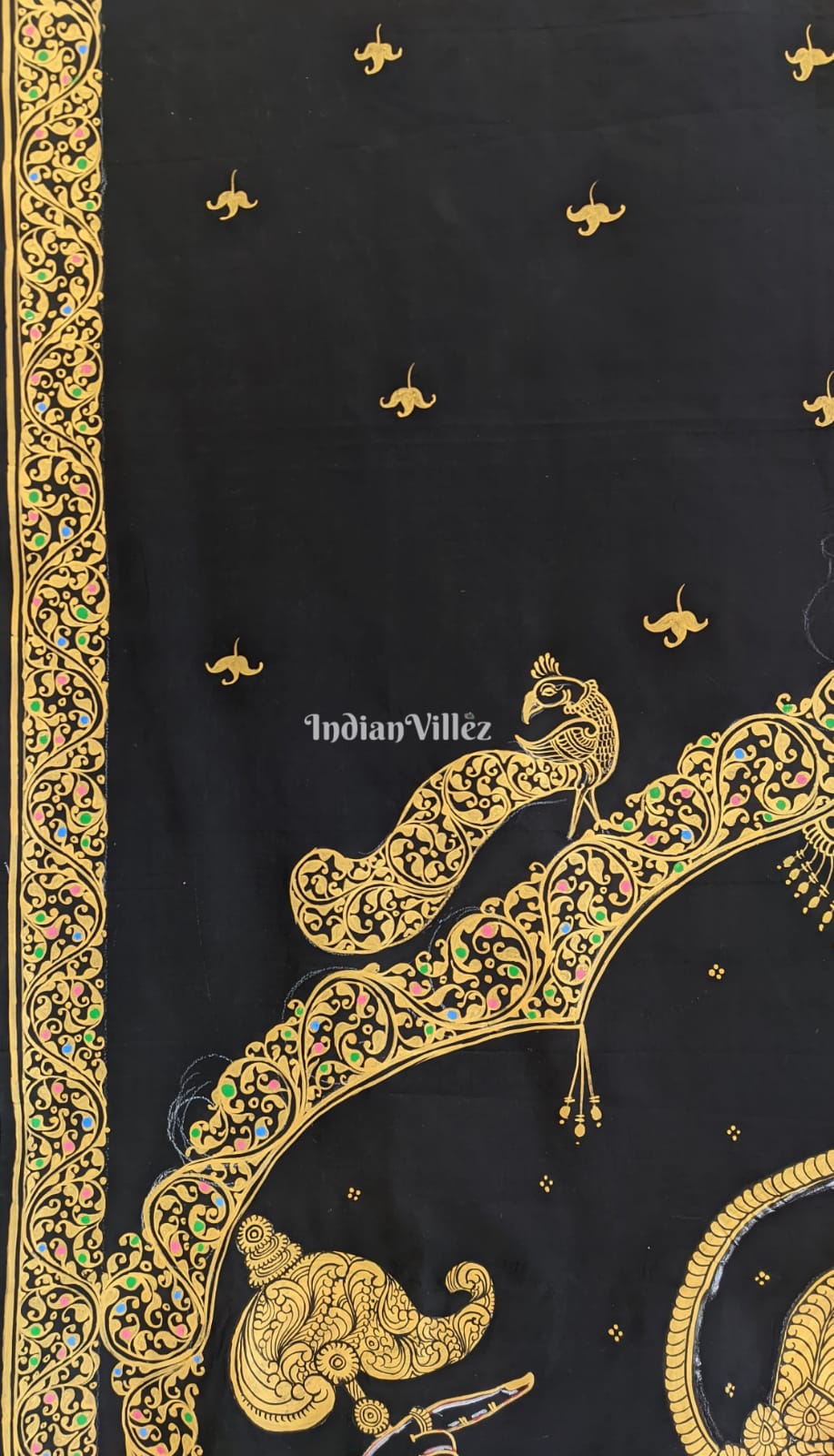 Black Shree Ganesh Pattachitra Art Pure Silk Saree