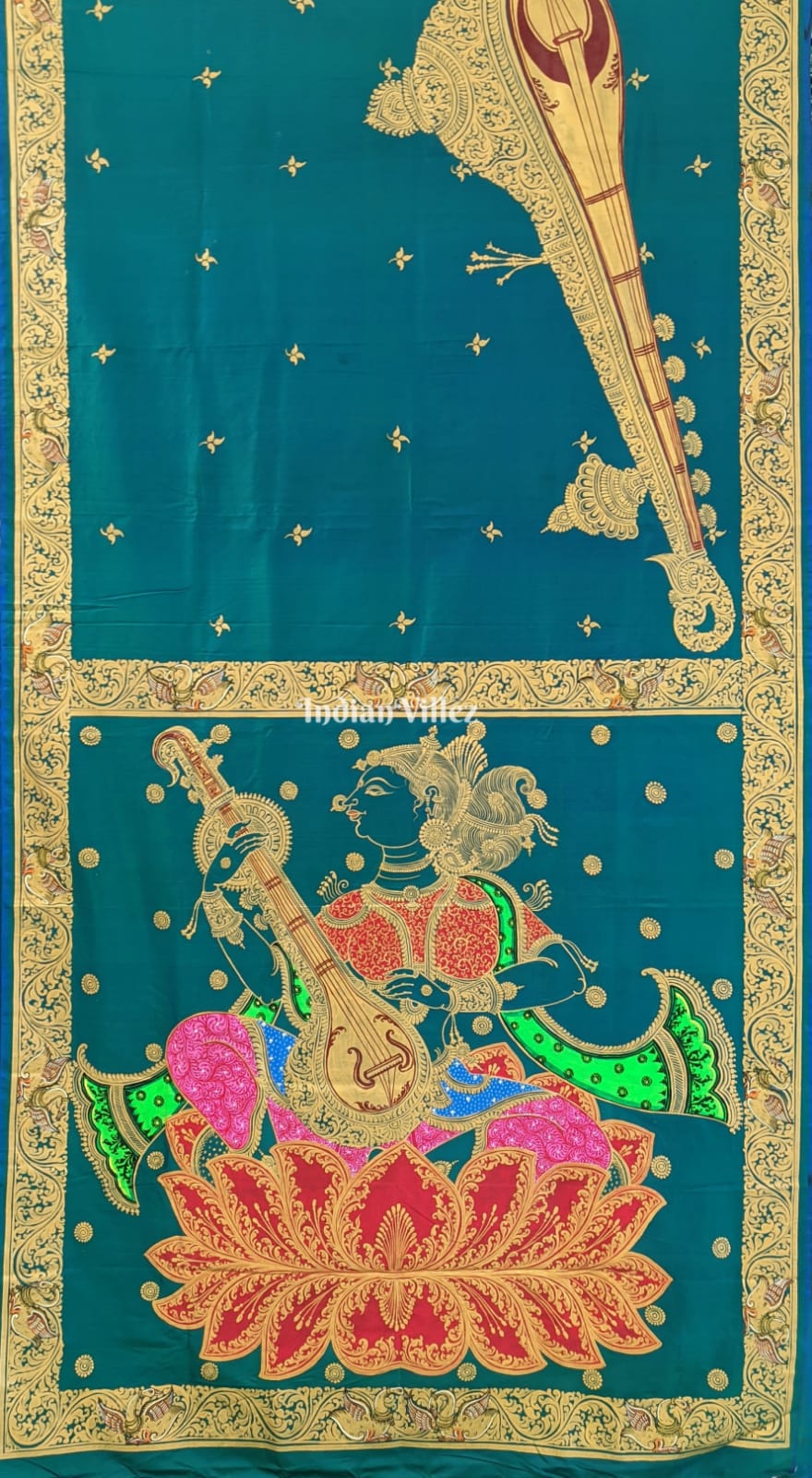 Sea Green Mata Saraswati Pattachitra Art Bishnupuri Silk Saree