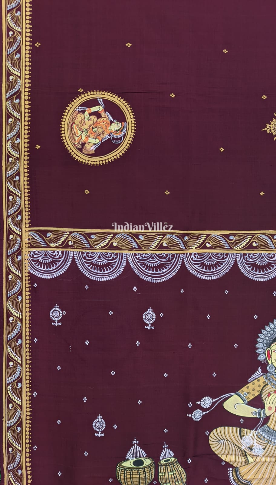 Half Yellow Coffee Odissi Dancer Pattachitra Pure Tussar Saree