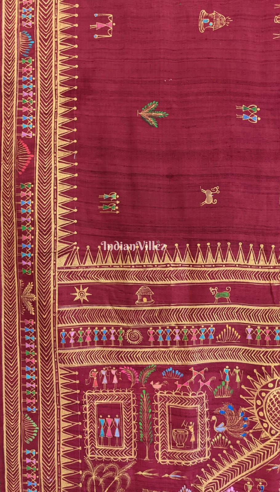 Maroon Tribal Pattachitra Art on Pure Tussar Silk Saree