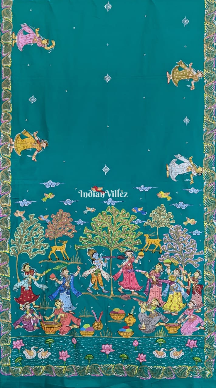 Turquoise Blue Holi Theme Pattachitra Art Silk Saree