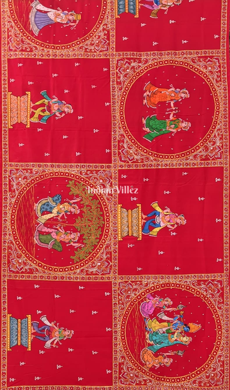 Red Krishna Leela Pattachitra Art Silk Saree