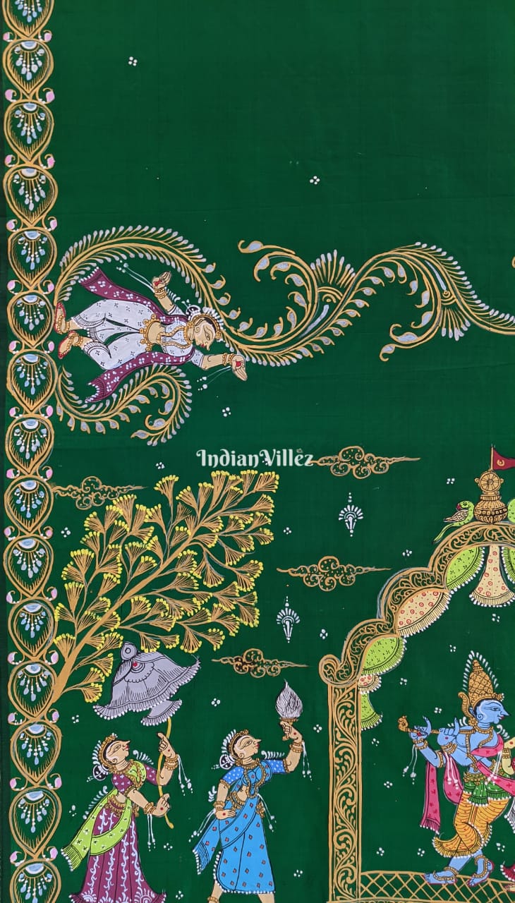 || रास || Green Krishna Rasa Lila Pattachitra Art Mulberry Silk Saree