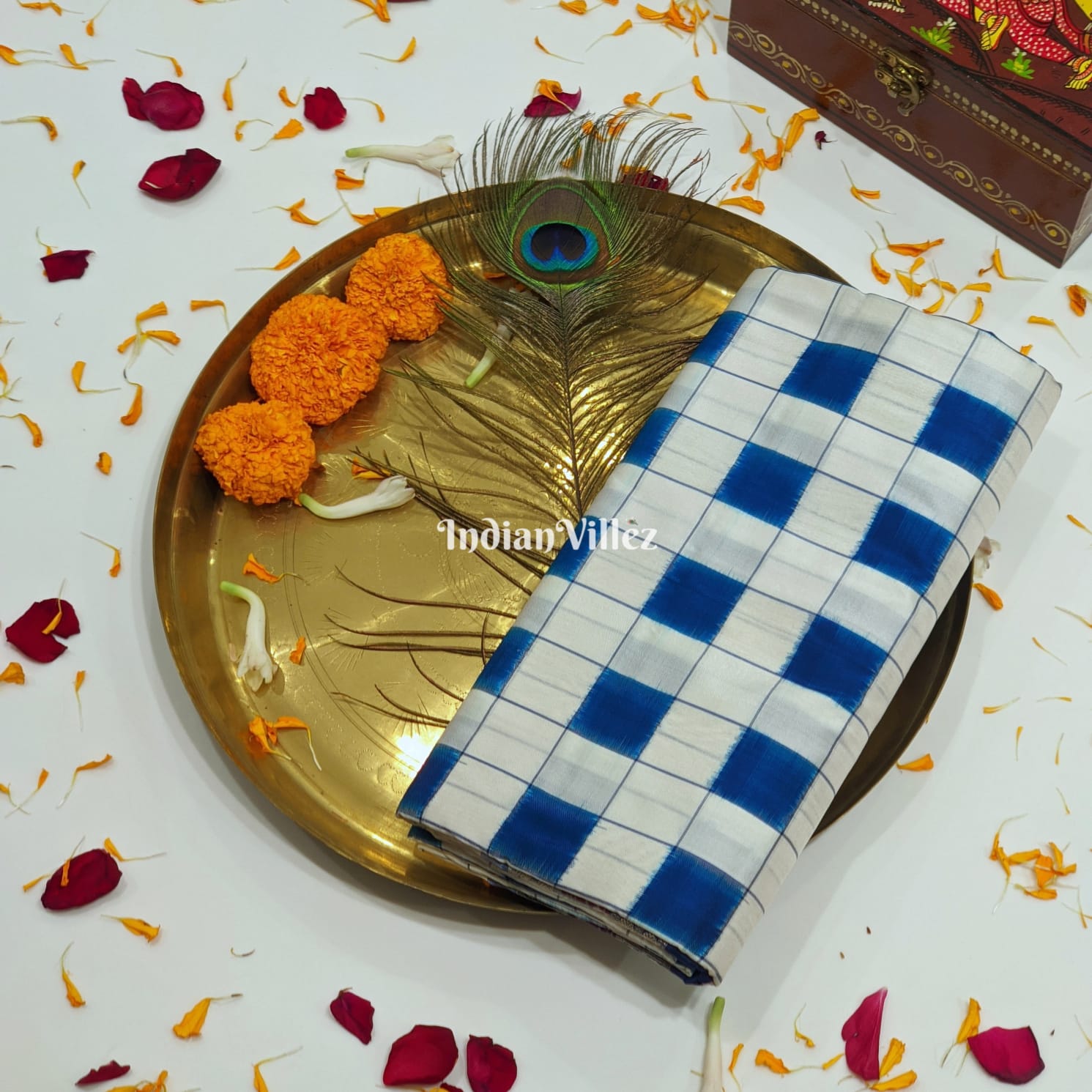 Blue and White Square Odisha Ikat Sambalpuri Silk Saree