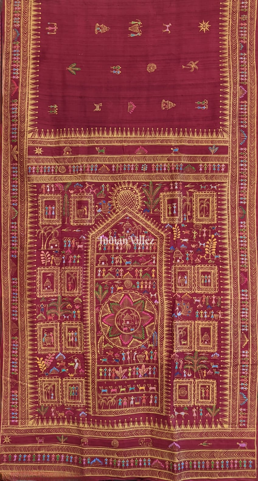 Maroon Tribal Pattachitra Art on Pure Tussar Silk Saree