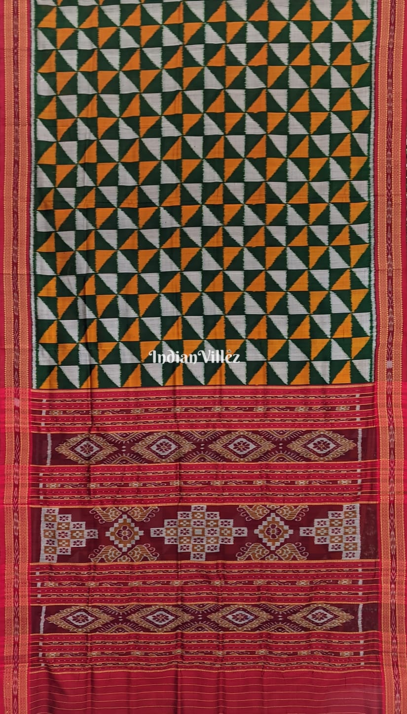 Zigzag White Green Yellow Odisha Ikat Khandua Silk Saree
