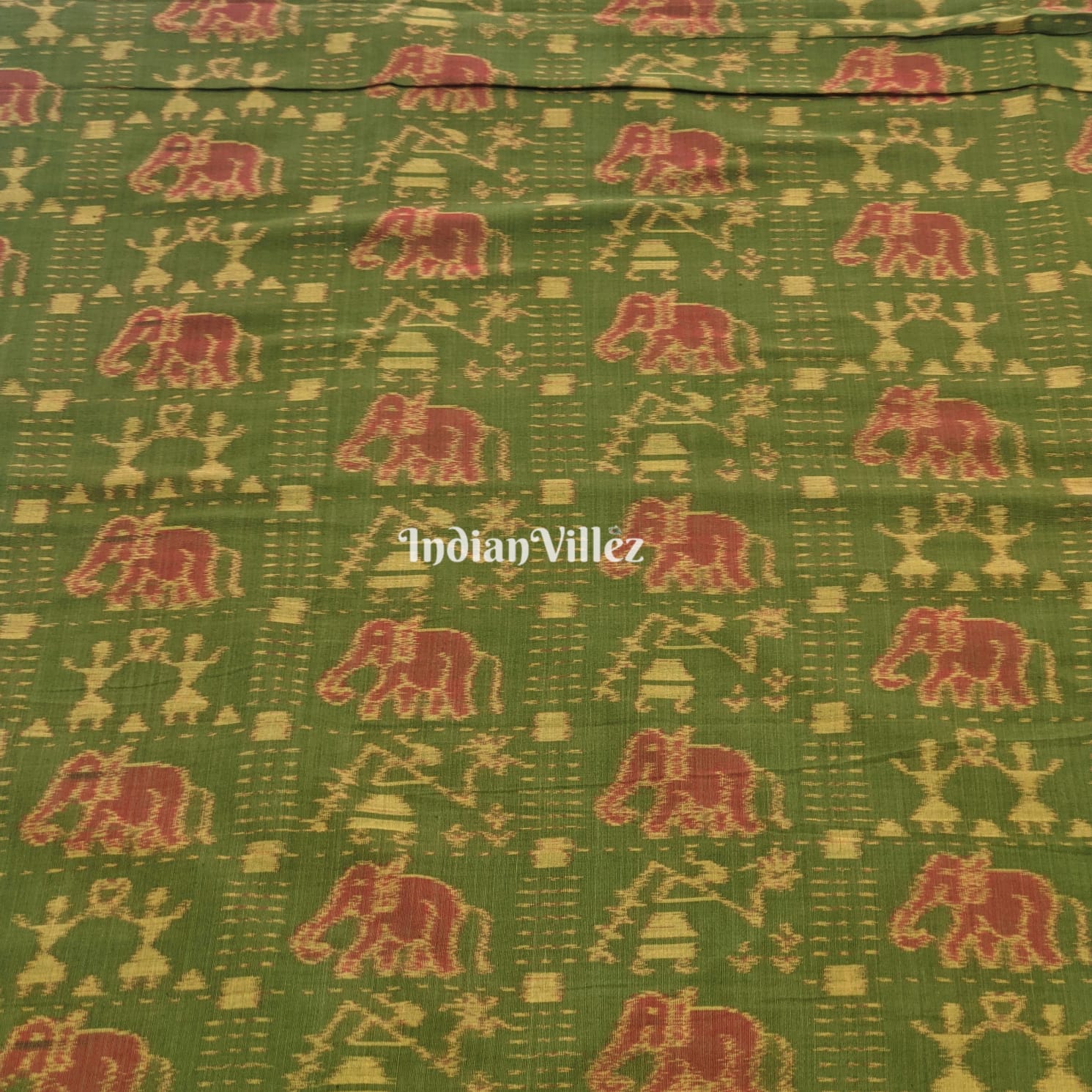 Green Elephant & Tribal Sambalpuri Cotton Fabric