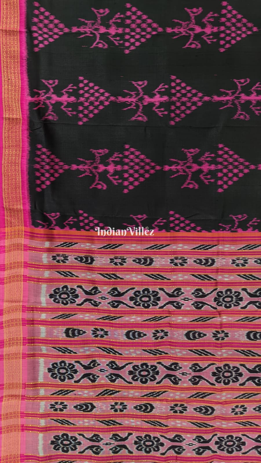 Black Pink Tribal Theme Odisha Ikat Khandua Silk Saree