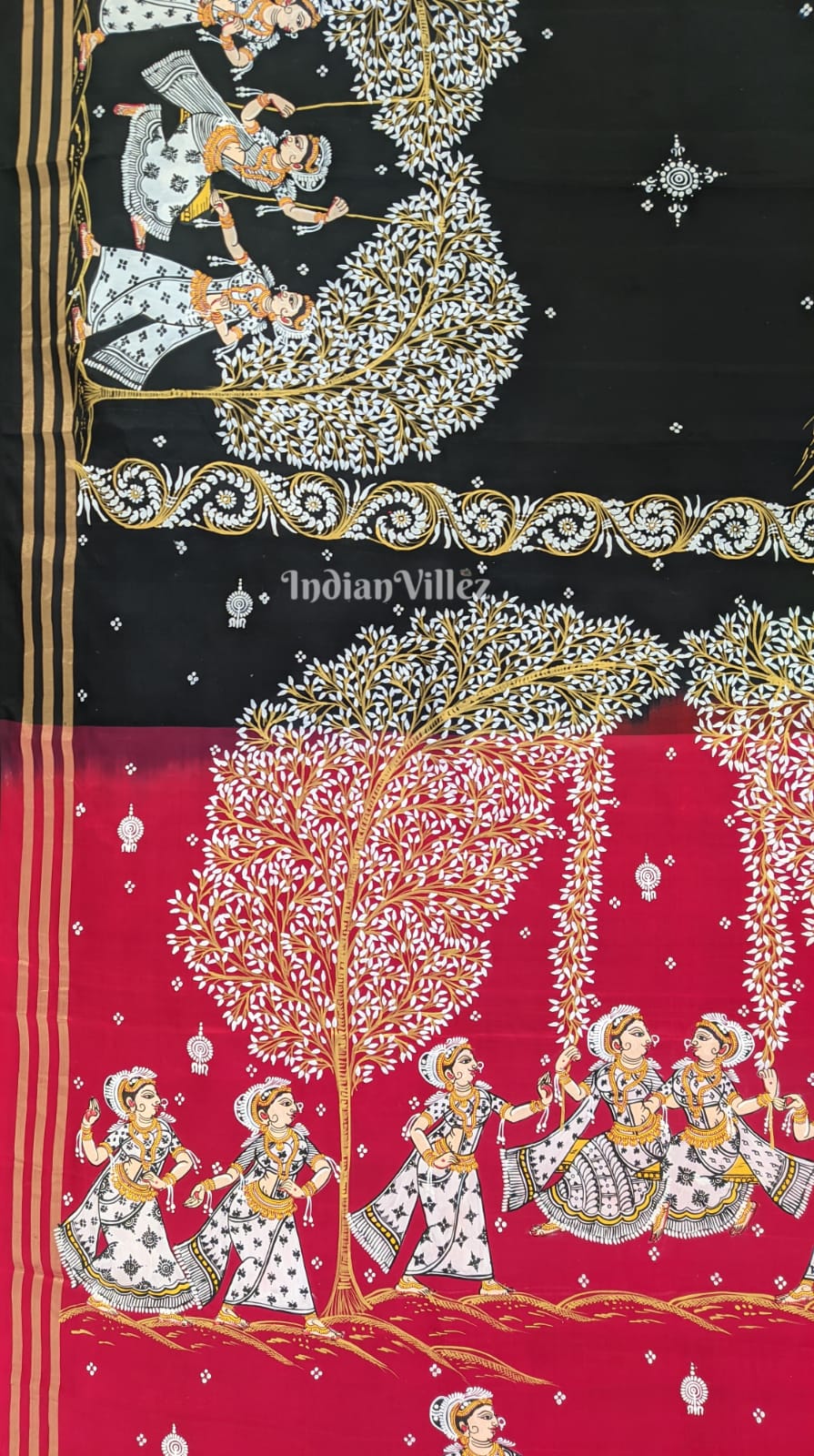 Vriksh Black Pink Hand-painted Pattachitra on Kanjivaram Silk Saree