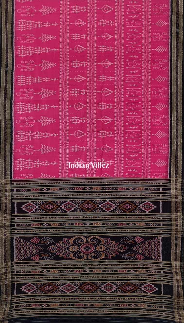 Pink Tribal Theme Odisha Ikat Khandua Silk Saree with Small Animal Pallu