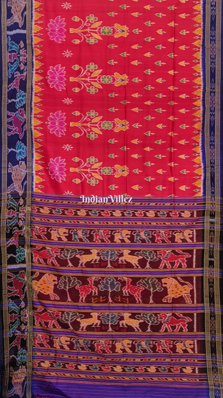 Red Forest Khandua Silk Saree with Thick Animal Border & Anchal (Revival Craft)