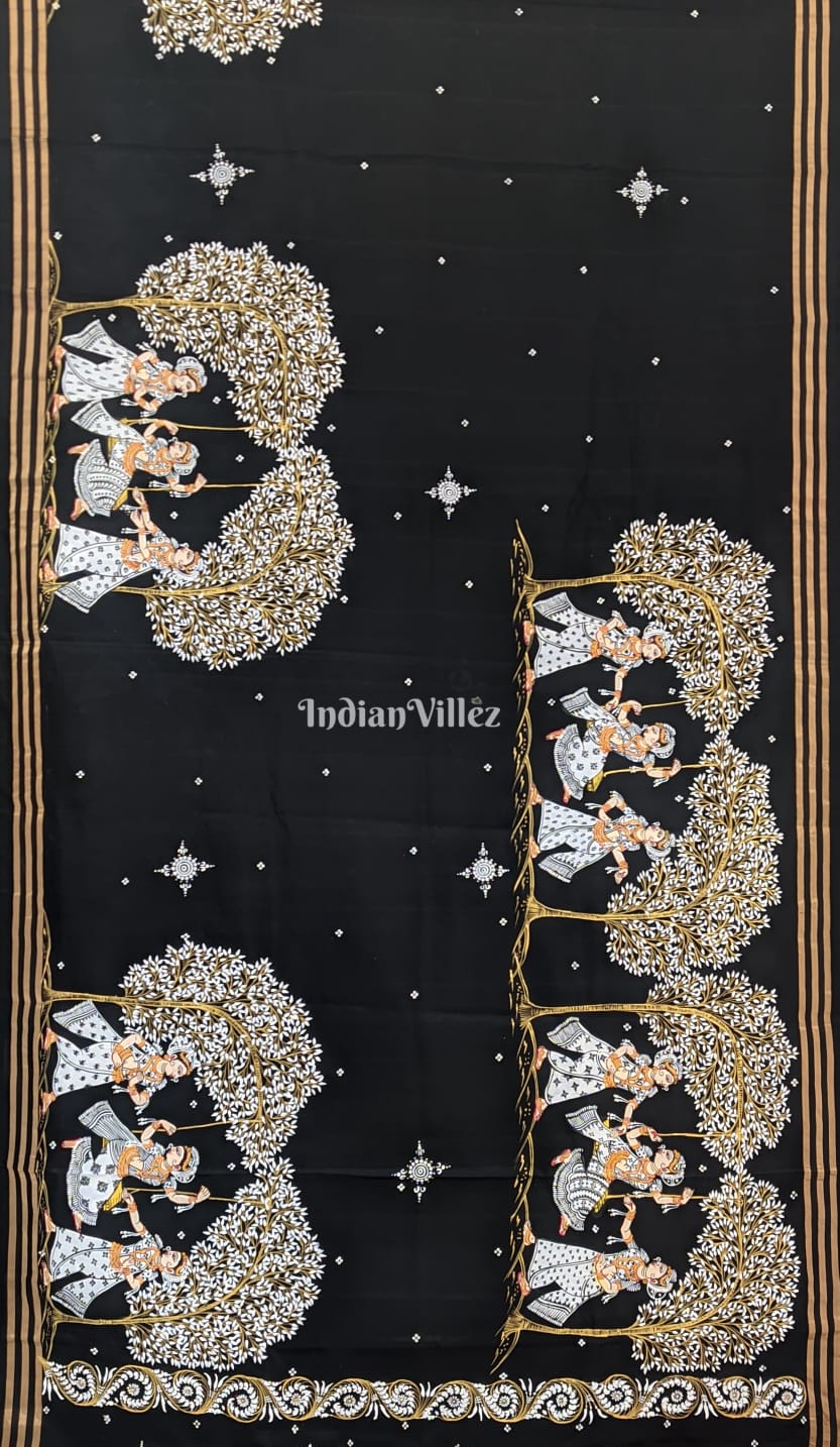 Vriksh Black Pink Hand-painted Pattachitra on Kanjivaram Silk Saree