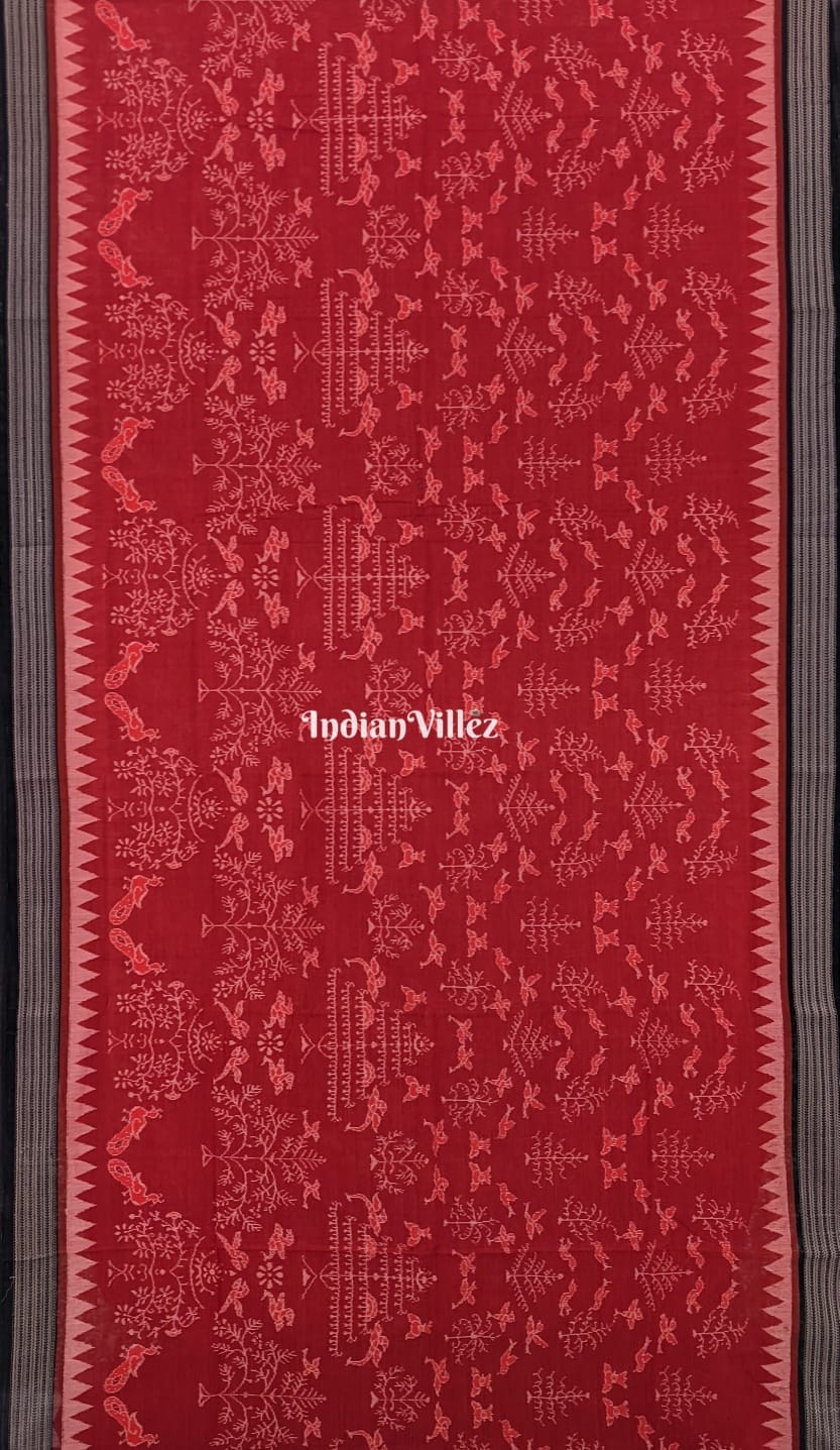 Exclusive Rust Maroon Tree Bird Motifs Sambalpuri Ikat Cotton Saree