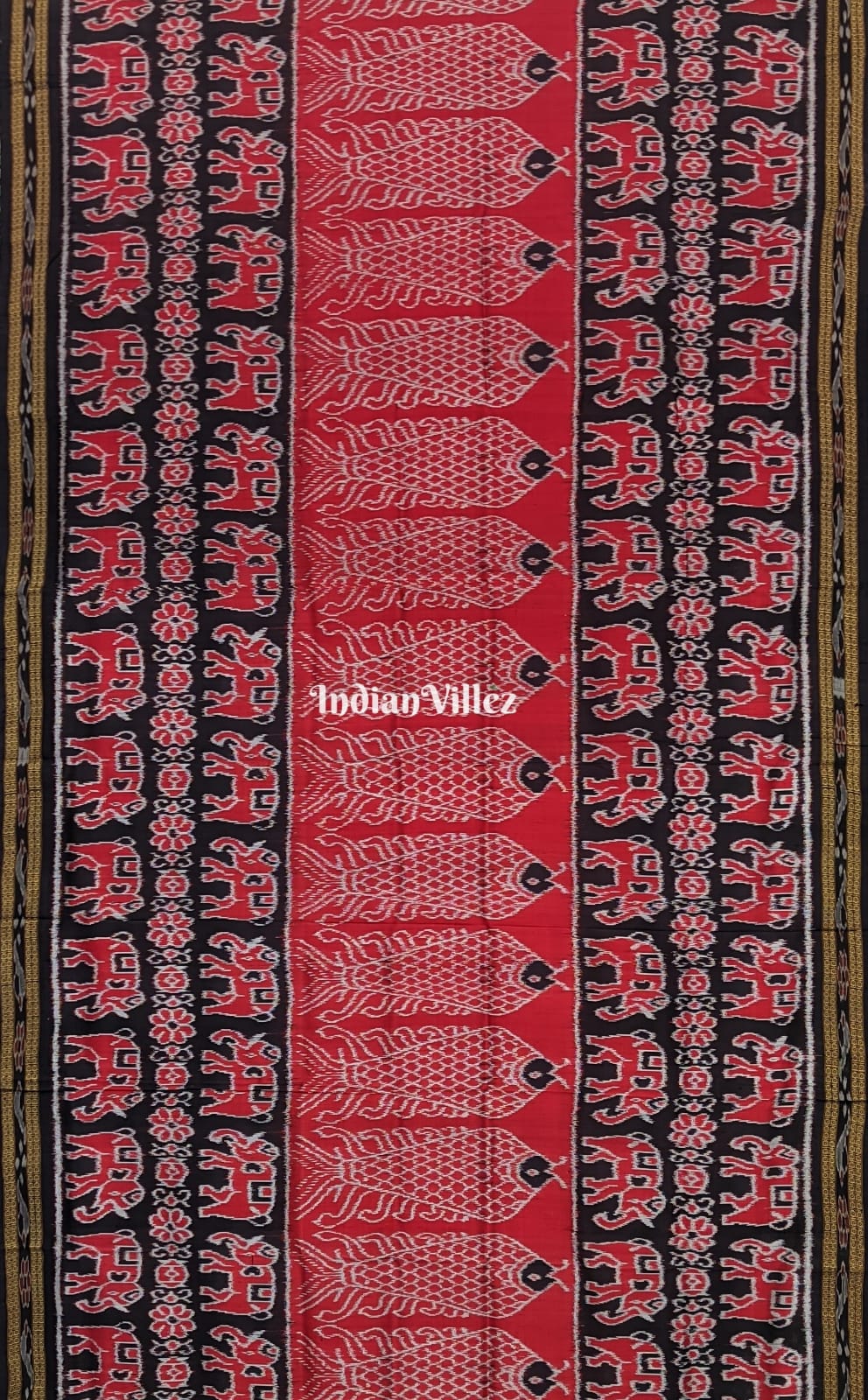 Red Black Elephant & Fish Motif Odisha Handloom Khandua Silk Saree