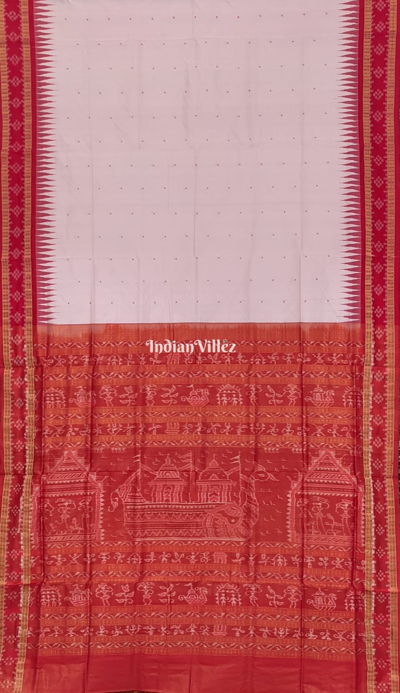 Pinkish White Border Pasapali Sambalpuri Silk Saree with Tissue Anchal