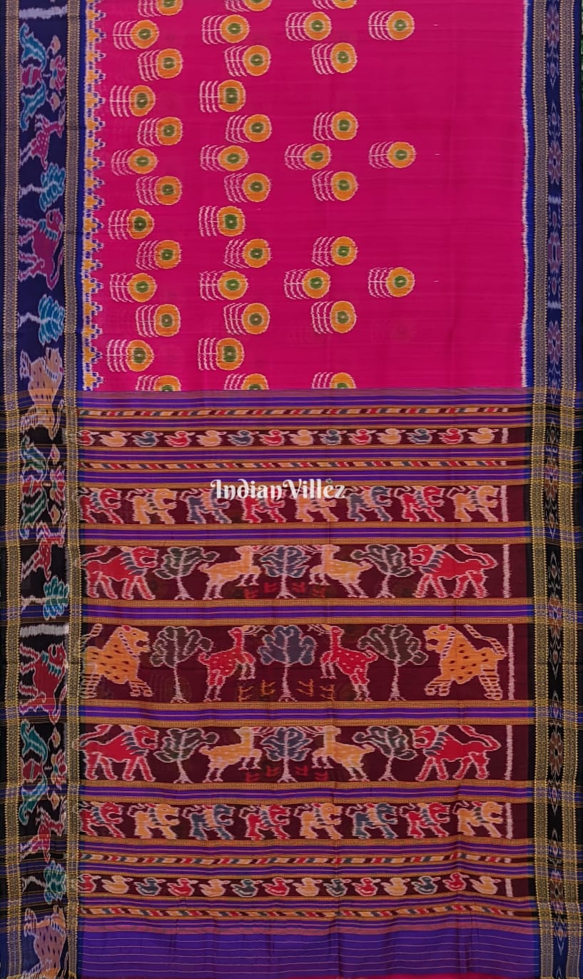 Rani Pink Flowers Khandua Silk Saree with Animal Anchal