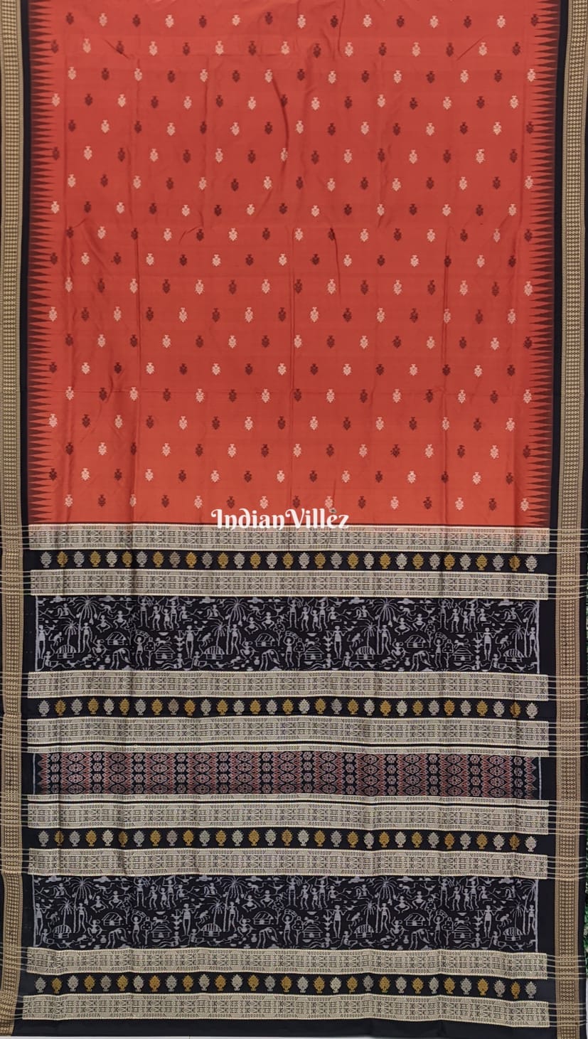 Rust Color Tree Motif Bomkai Sambalpuri Silk Saree with Tribal Aanchal